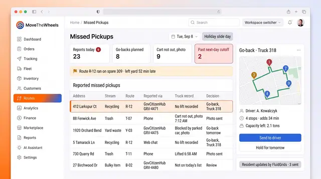 Concept illustration of a missed pickups board with report tiles, a reports table with truck records and a go-back route map