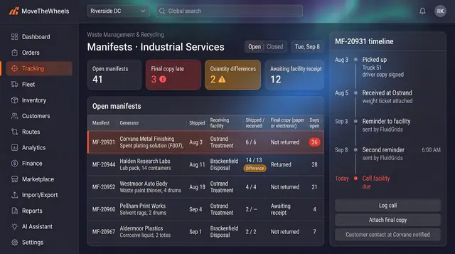 Concept illustration of a manifest tracker with manifest tiles, an open manifests table and a timeline of reminders for one manifest