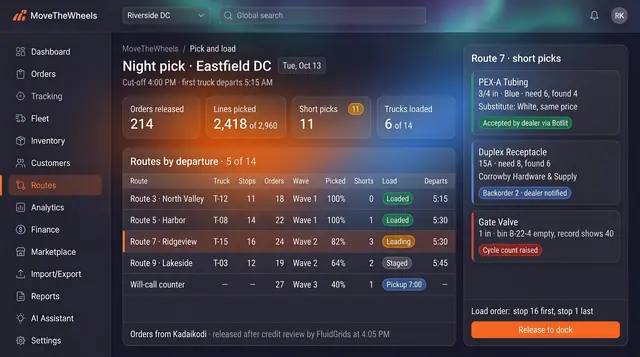 Concept illustration of a night pick board with pick tiles, a routes-by-departure table and a short picks panel for one route